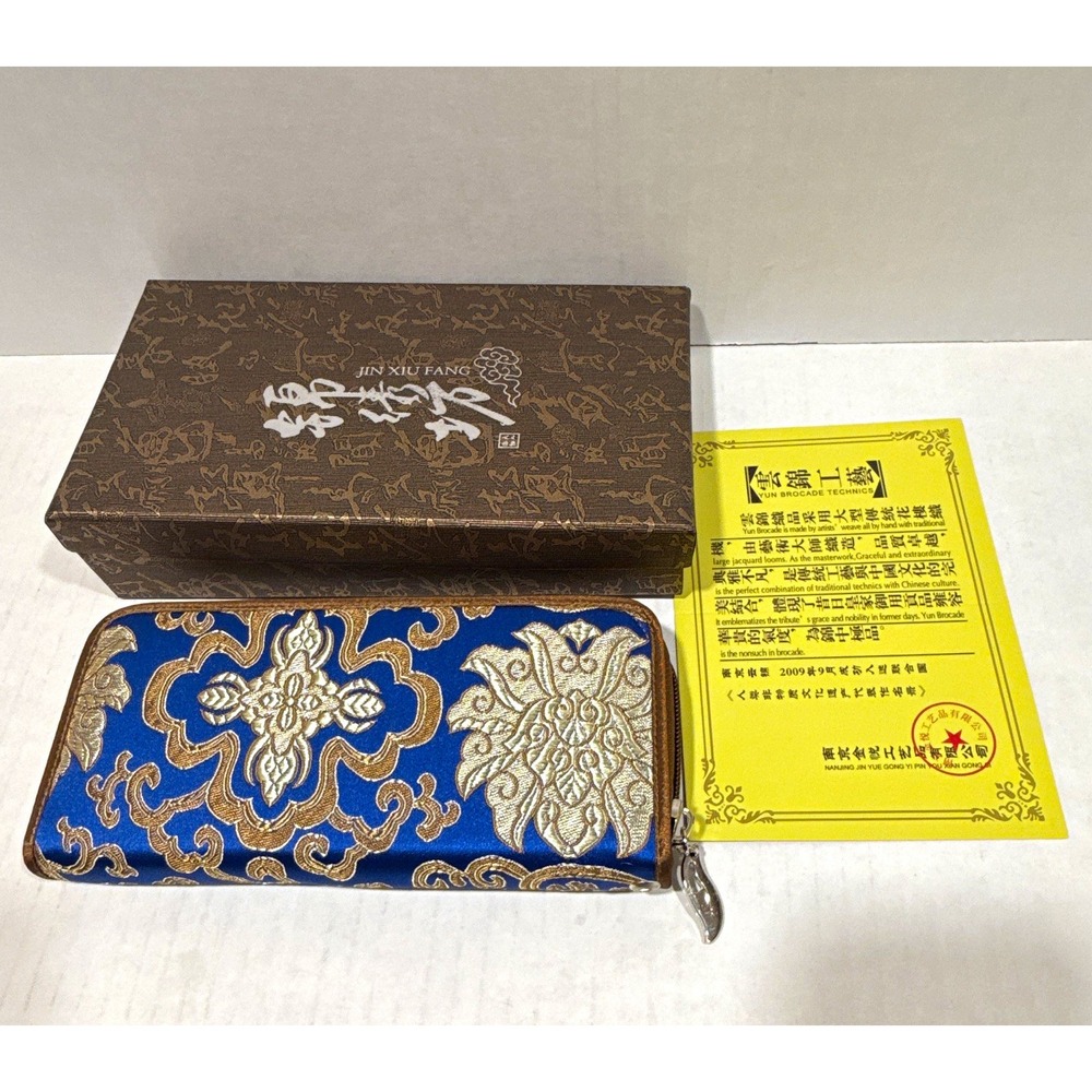 JIN XIU FANG Women's silk Zip-Around Wallet Floral Blue Gold Brown Zipper